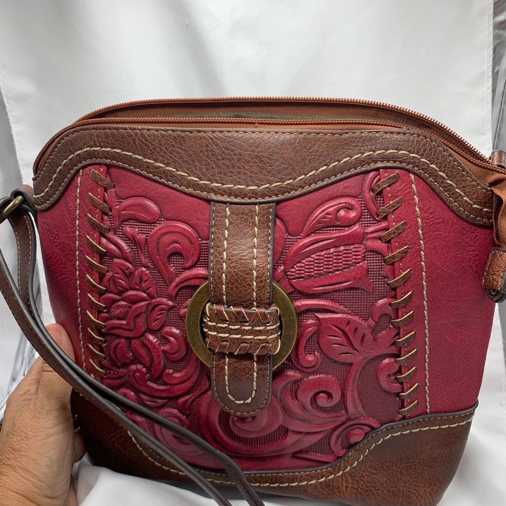 BOC imprinted red and brown faux leather purse with flowers
